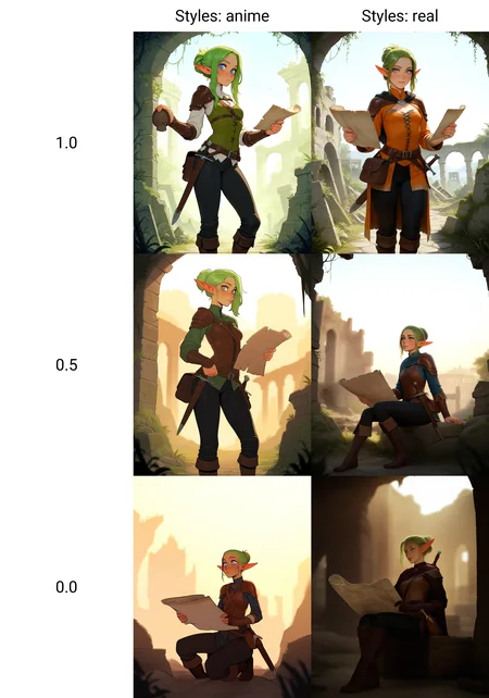 masterpiece, best quality, amazing quality, very aesthetic, incoth, (incase:0.6), female, solo, (depth of field), medieval setting, ruins, day time
elf, green hair, blue eyes, cute face, slender, small breasts, updo hair, short elf ears, short ears
leather armor, dagger in scabbard, satchel, black pants, leather boots,
adventurer exploring ruins, holding map,
<lora:Illuminated_Path:1.0>, masterpiece,best quality,highres,very aesthetic,newest, illustration,anime,2.5D,2D