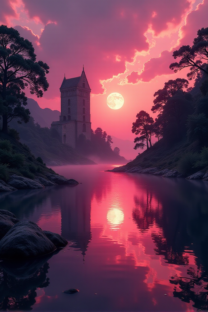 (((a shimmering lake surrounded by enchanted ruins, reflecting a twilight sky.))), Bold Burgundy, Elegant Sophistication: dramatic lighting, burgundy tones, sharp focus, sophisticated ambiance, elegant elements, rich textures, luxurious look, intense atmosphere, sophisticated aesthetics, capturing emotions, elegant scenes, artistic feel, storytelling through colors, professional technique, striking visuals, sophisticated concept, elegant styling, luxurious environment, surreal aesthetics, captivating narratives, intricate details, sophisticated landscape, editorial storytelling, deep glows, evoking elegance, pushing creative vision <lora:add-detail-xl:2> <lora:Cosine_freck:1>âââ
