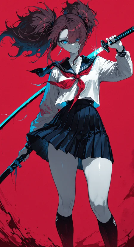 masterpiece, best quality, good quality, very awa, newest, highres, absurdres, 1girl, solo, long hair, blue eyes, hair over one eye, brown hair, big hair, looking at viewer, smile, shirt, Short skirt, holding, twintails, school uniform, white shirt, weapon, earrings, pleated skirt, socks, serafuku, sword, holding weapon, kneehighs, blood, holding sword, black socks, katana, sheath, red background, scabbard, unsheathing, holding sheath, wind,
feet out of frame, Thick thighs,
low view, ember, limited palette, <lora:illustriousXL_stabilizer_v1.23:0.3> <lora:NOOB_vp1_detailer_by_volnovik_v1:0.3> <lora:ponyv6_noobE11_2_adamW-000017:0.3> <lora:114558v4df2fsdf5:0.6> <lora:XXX667:0.4> <lora:mon_monmon2133:0.5>