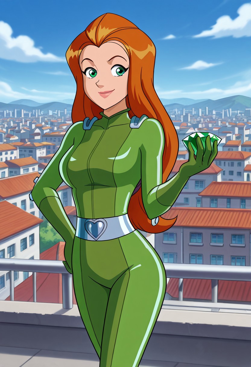 masterpiece, best quality, good quality, 1girl, solo, parody, official style, sam_totally_spies, long hair, orange hair, green eyes, green bodysuit, sexy, large breasts, beautiful, detailed, high detailed, very beautiful, detailed face, detailed eyes, detailed hand, city background, rooftop, blue sky, smile, standing, hand on hip, green chaos emerald, holding, gem, holding gem