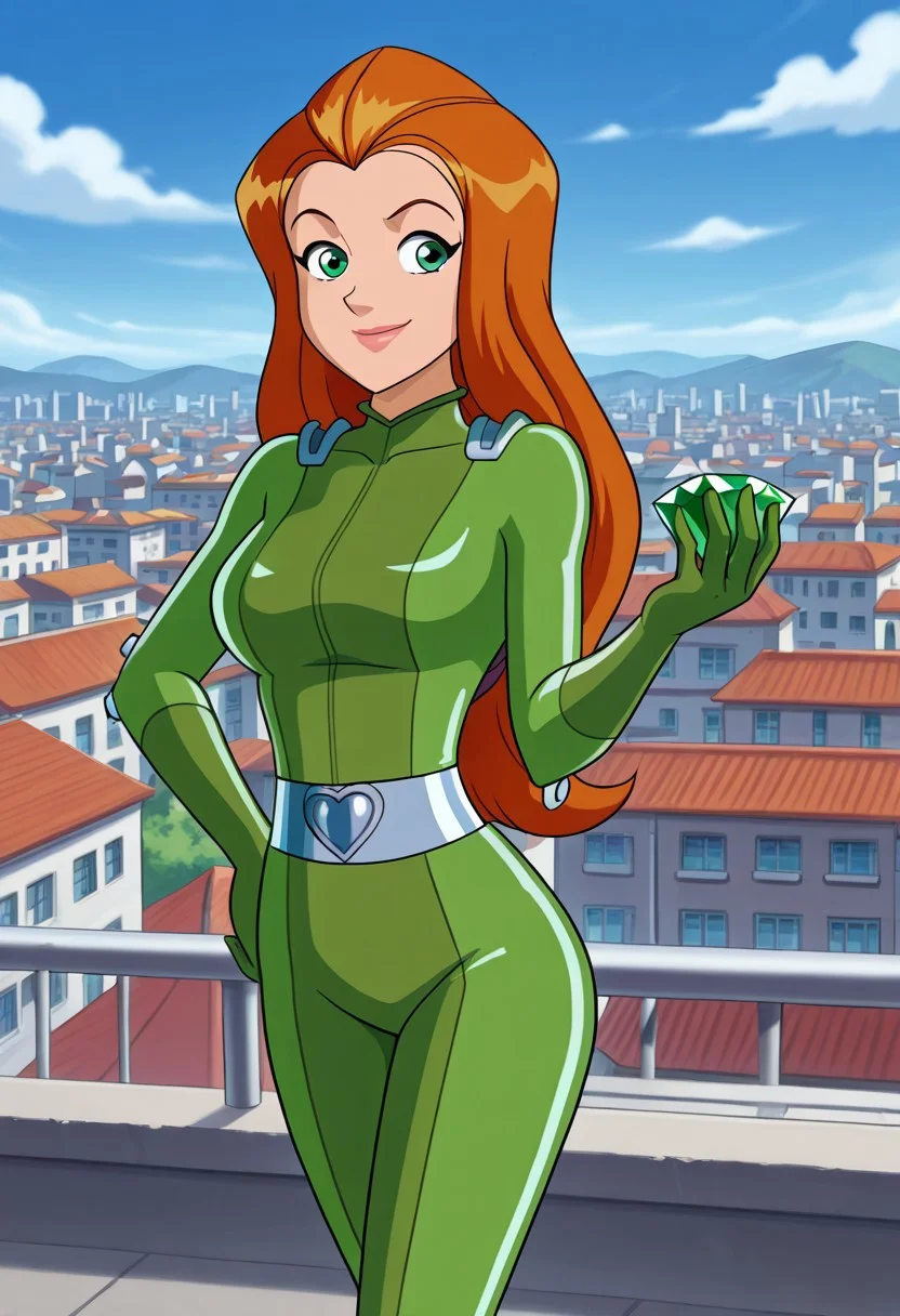 masterpiece, best quality, good quality, 1girl, solo, parody, official style, sam_totally_spies, long hair, orange hair, green eyes, green bodysuit, sexy, large breasts, beautiful, detailed, high detailed, very beautiful, detailed face, detailed eyes, detailed hand, city background, rooftop, blue sky, smile, standing, hand on hip, green chaos emerald, holding, gem, holding gem