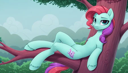 resolution, masterpiece, high resolution, (SOLO: 1.2) my little pony, friendship is magic, wild, detailed background,
,pony earth ponies, sits leaning back on tree, <lora:12Jazz_Hooves:1.25>Jazz Hooves, light turquoise body, pink-crimson, turning into purple, mane and tail, blue eyes,( two-color mane:1.4)