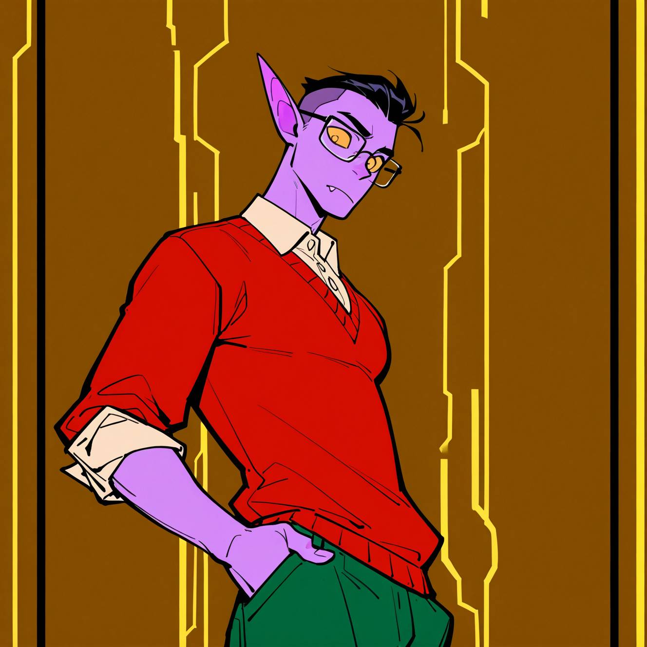 <lora:LIAM:1>
liam, solo, looking at viewer, short hair, shirt, black hair, 1boy, closed mouth, upper body, male focus, collared shirt, glasses, pointy ears, pants, fang, sweater, hand on own hip, colored skin, frown, casual, colored sclera, sleeves rolled up, hand in pocket, bespectacled, very short hair, fang out, purple skin, red sweater, v-neck, green pants, yellow sclera, alien, sleeves pushed up
, dynamic perspective, detailed background, motion blur, film grain, abstract, natural lighting, fantasy, cinematic, dynamic view, very awa, masterpiece, best quality, absurdres, newest, perfect quality, detailed background, intricate details, (artist:fl \(l-fl\):0.7), (artist:tooboshoo:0.7), (artist:dizdoodz:0.8)