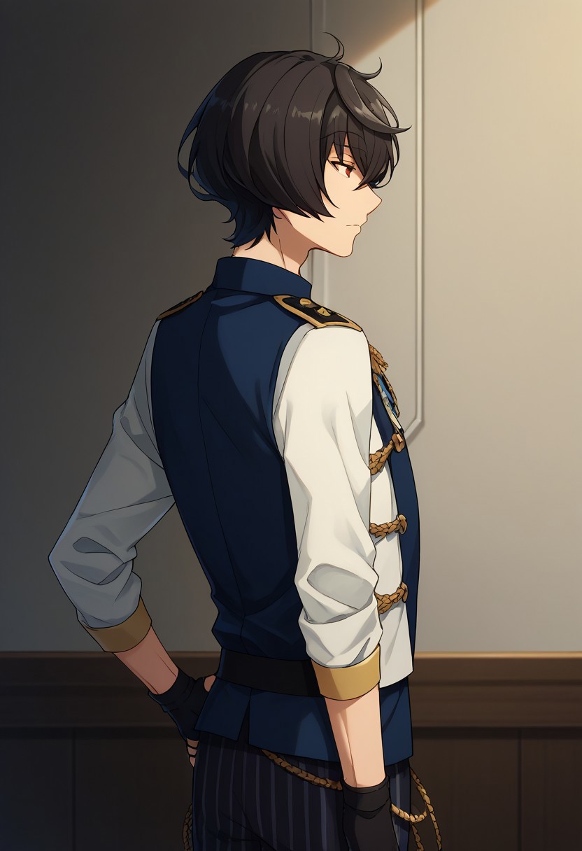 score_9, score_8_up, score_7_up, source_anime, highly detailed, 
ritsusakuma, 1boy, male focus, solo, gloves, red eyes, black hair, fingerless gloves, hand on hip, black gloves, striped, striped pants, profile, knights uniform, upper body
indoor, stage