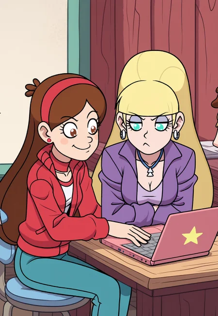 2girls, sitting at desk, looking at pink laptop, two girls concentrating on laptop break chpacifica, chmabel break chmabel wearing mabdress break chpacifica wearing cropped jacked,
