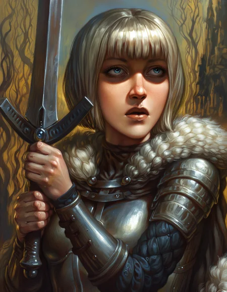 pixel-perfect masterpiece, best quality, highres, highly detailed, (traditional media, painting \(medium\), painterly, jaggy lines, bold outlines, oil painting \(medium\):0.5),
solo, pretty turned head, dynamic, expert shading, Highlights and Lowlights effect ,Melancholic overall style style of dark souls \(series\),
1girl, plated armor, detailed face, skin texture, stance, holding a claymore sword,
curled platinum blonde hair, bob cut, blue eyes with eyelashes, shaded face,
<lora:Sabudenego v-pred:0.75> <lora:Melancholy illustrious:0.75>