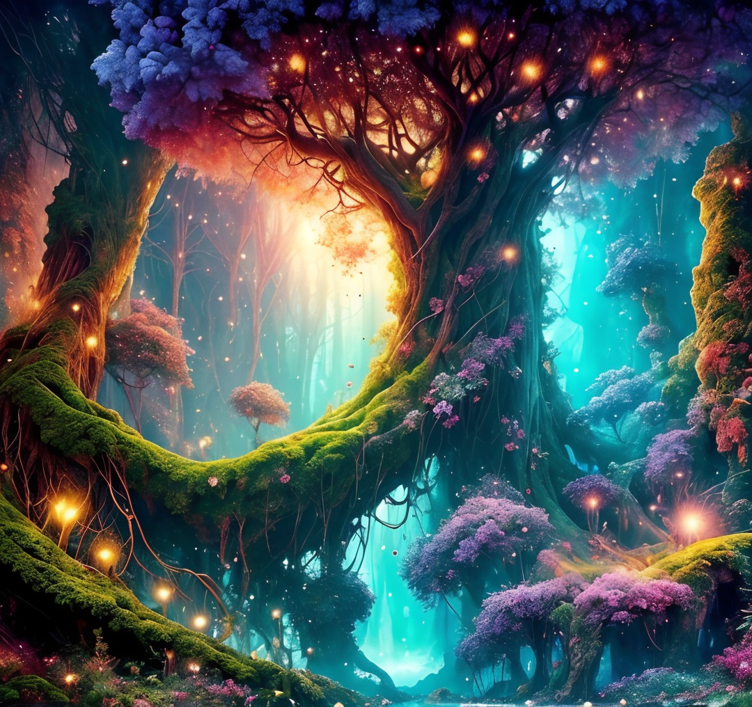 RAW photo, (masterpiece:1.3), subsurface scattering, heavy shadow, (high quality:1.4), (intricate, high detail:1.2), professional photography, HDR, High Dynamic Range, realistic, ultra realistic, photorealistic, high resolution, film photography, ambient lighting, atmospheric effects, <lora:detail_slider_v4:2>, OverallDetail,  a huge magical tree with big roots, there is a cave in its trunk, in a fantasy forest with magical lights, godrays, flowers, FeyFa, <lora:FeyAndFairies-10:1>, epiCPhoto