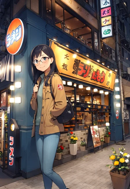 masterpiece, best quality, very aesthetic, absurdres,
1girl, solo, glasses, black hair, long hair, field jacket, jeans, black bag, smile, laughing, looking at viewer, solo focus,
ramentarou, storefront, scenery, plant, sign, night, potted plant, outdoors, building, city, sky, lamppost, road, street, flower pot, power lines, light, night sky, door, cityscape
<lora:col_xl:0.6> <lora:koberamen_tarou_storefront_SDXL_V1:1>