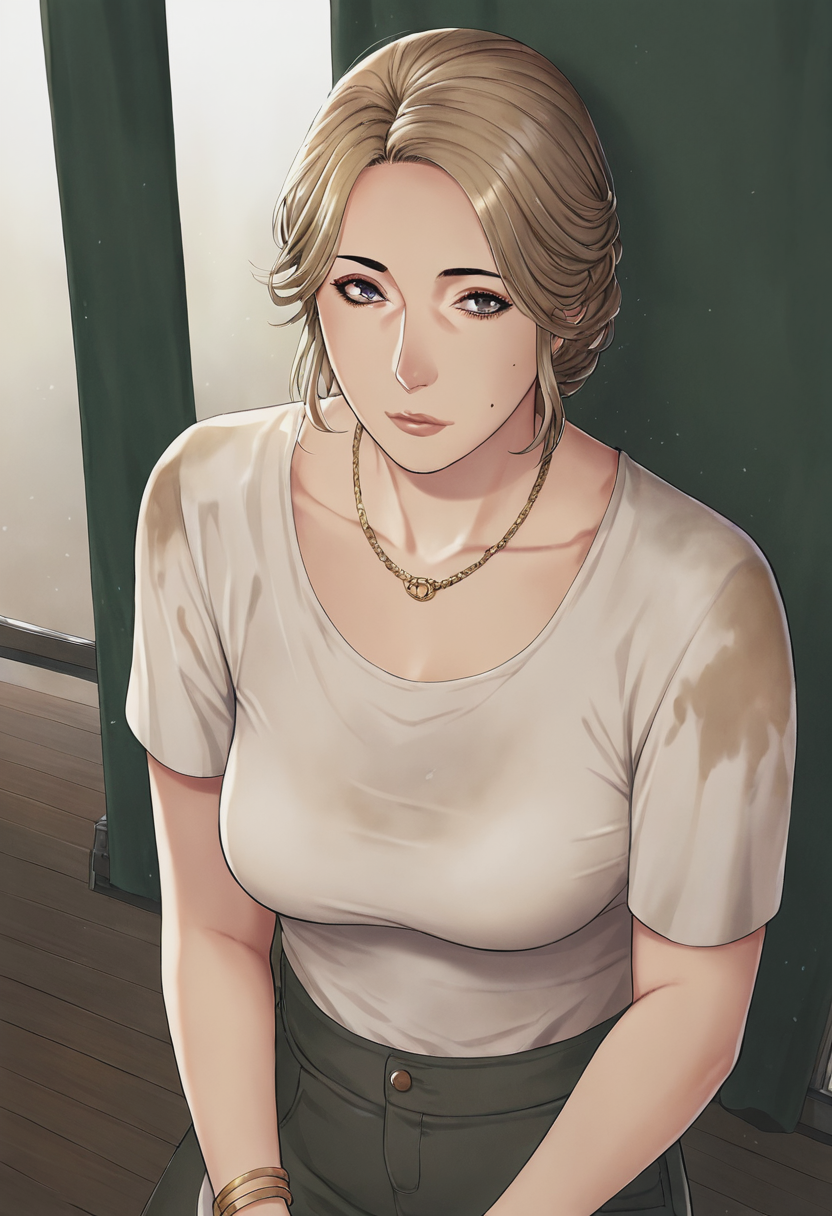 score_9, score_8_up, score_7_up, 1girl, mature_female, large_breasts, portrait, solo, Pretending to play the drums, from_above, (Gold Dolman), Dirty Blonde hair, cropped_arms, rating_safe, <lora:pony\artist_styles\takasugi_kou_pony:1.0>