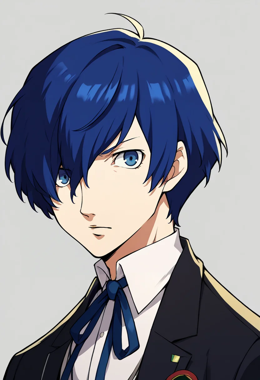 score_9, score_8_up, score_7_up, source_anime, BREAK, solo, 1boy, looking at viewer,  <lora:P5-Portraits-pdxl_Fp:1>, simple background, portrait, <lora:MakotoP3-pdxl_Fp:1>, makotop3, school uniform, gekkoukan high, blue hair, blue eyes, short hair, black jacket, hair over one eye,