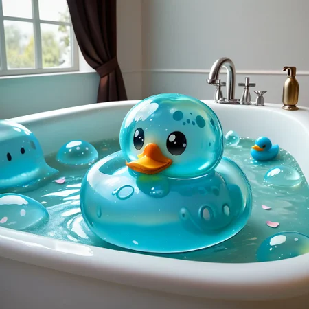 {1rubber duck, 1 rubber duck made out of slime, (slime rubber duck:1.5), yellow slime body, orange slime beak, glossy black eyes, translucent slime rubber duck, transparent slime rubber duck}
hud_sp_bth, flower, petals, water, bath, in an elegant bath tub, bubbles made out of slime, slimes hiding in the bath bubbles, bubble bath, perspective from inside tub, prespective from inside bath,
everything made of slime, No simple background,
((translucent slime)), ((transparent slime)), (bioluminescent slime), sl1m3d, slime, slime-morph, saturated colors,