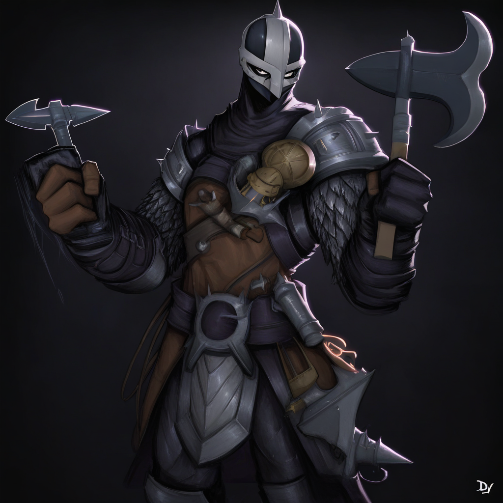 masterpiece, best quality, newest, absurdres, highres, DDstyle, official style, black eyes, shaded eyes, 1boy, DDBH-V1.1, mask, helmet, armor, shoulder armor, spikes, axe, holding axe, weapon, holding weapon,