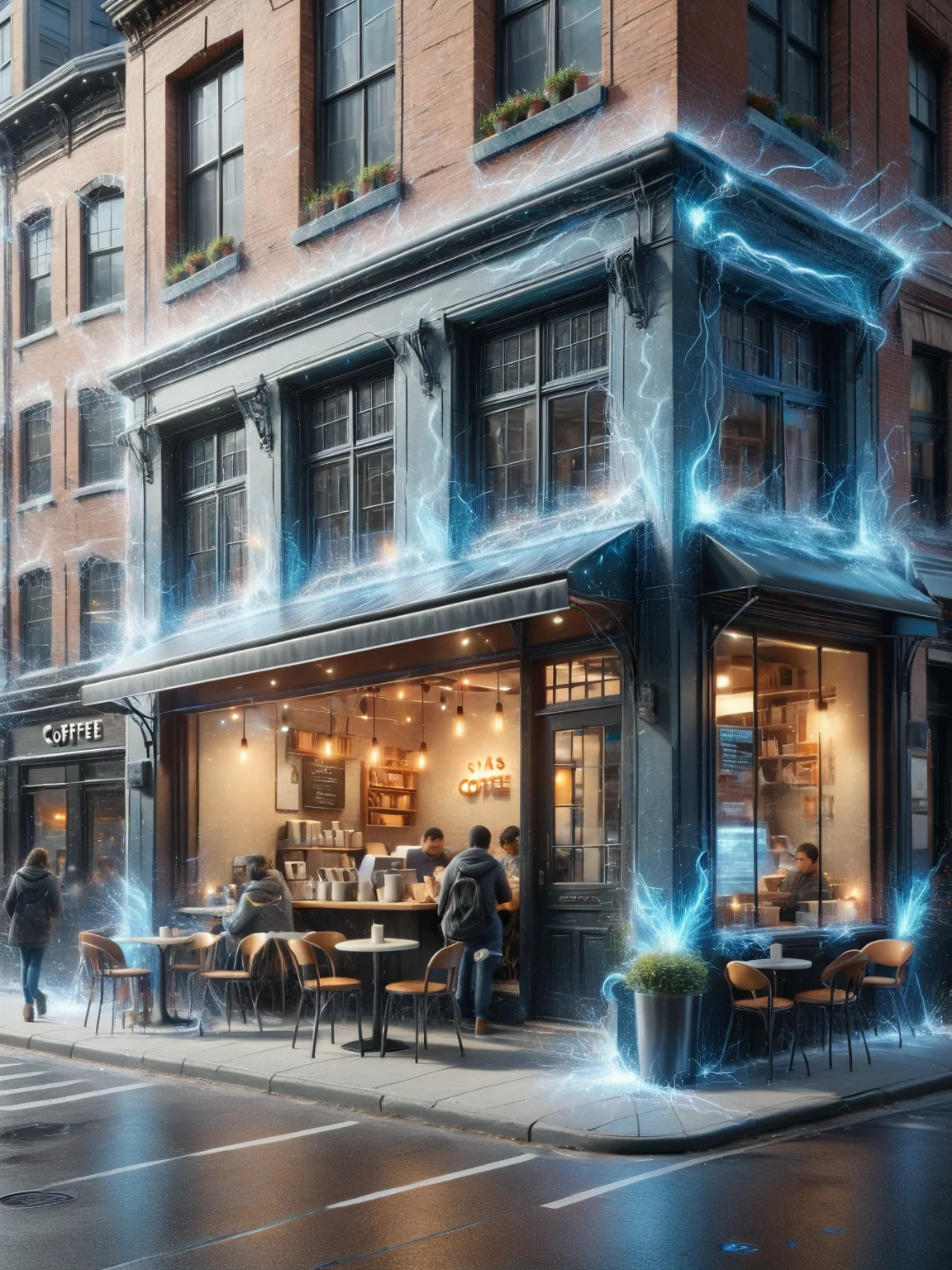 A cozy ais-sparkz coffee shop on a busy urban street, with subtle ais-sparkz emanating from the windows and doorway. <lora:Sparks_Style_SDXL:1>