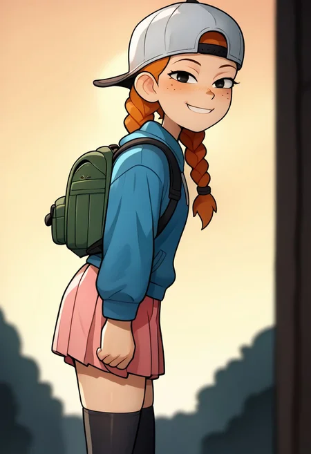 Loodncrood, AmphiMaggie, orange hair, braid, twin braids, freckles, 1girl, solo, smile, baseball cap, backwards hat, long sleeves, pink skirt, pleated skirt, blue hoodie, hood down, backpack, black thighhighs, white footwear,