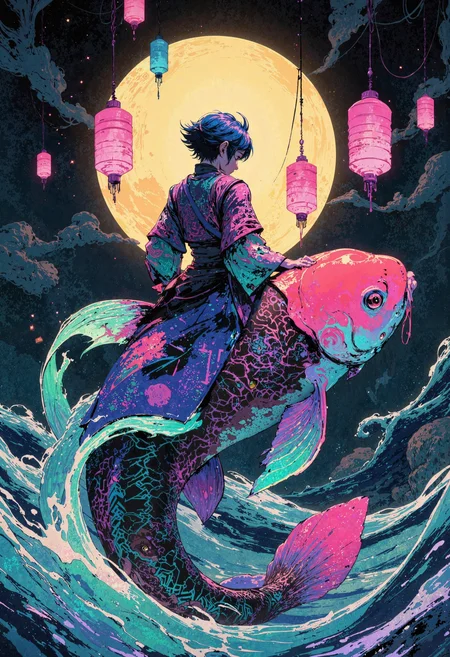 masterpiece, high-quality, neo-japanese ukiyo-e fusion, On the crest of a gigantic koi fish, a traveling bard with short, cobalt-streaked hair performs under a luminous full moon. Stylized wave patterns swirl across the background in bold lines and pastel hues, echoing the iconic ukiyo-e style but infused with neon highlights. Her flowing robe is printed with modern circuit-board designs woven into the traditional swirling motifs. The cameraâs wide framing captures the koiâs dynamic arc, each scale rendered in hyperdetailed color gradients. Lanterns suspended in midair cast flickers of turquoise and lilac light, merging the classical and futuristic into one harmonious tableau of cultural transcendence, <lora:FLUX\FLUX-daubrez-DB4RZ:0.3> <lora:FLUX\Anime v1.3:0.5> <lora:FLUX\DarksunRiddV4:0.6> <lora:FLUX\ArcaneFGTNR:0.5>