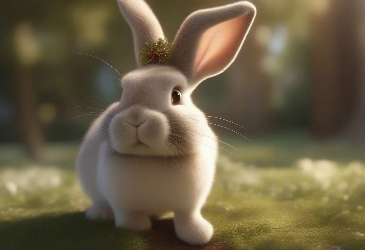 A happy cute, bunny, (wearing a Christmas hat), Adorable, heart warming, cheerful, detailed, bright colours, friendly expression, small size, shiny, eco-friendly, garden, environmental, sunlight, shadows, digital art, whimsical, playful, intricate details, high resolution, photorealistic, joyful atmosphere, gentle, soft lighting, cartoonish style, enchanting, vivid, appealing, character design, imaginative, family-friendly, [photography, realistic, photorealistic, (8k), (highly detailed), cinematic lighting, intricate details, (high resolution), award-winning,   correct focus, realistic, realistic lighting, (highly detailed),  masterpiece], ((Cinematic Still-Shot))