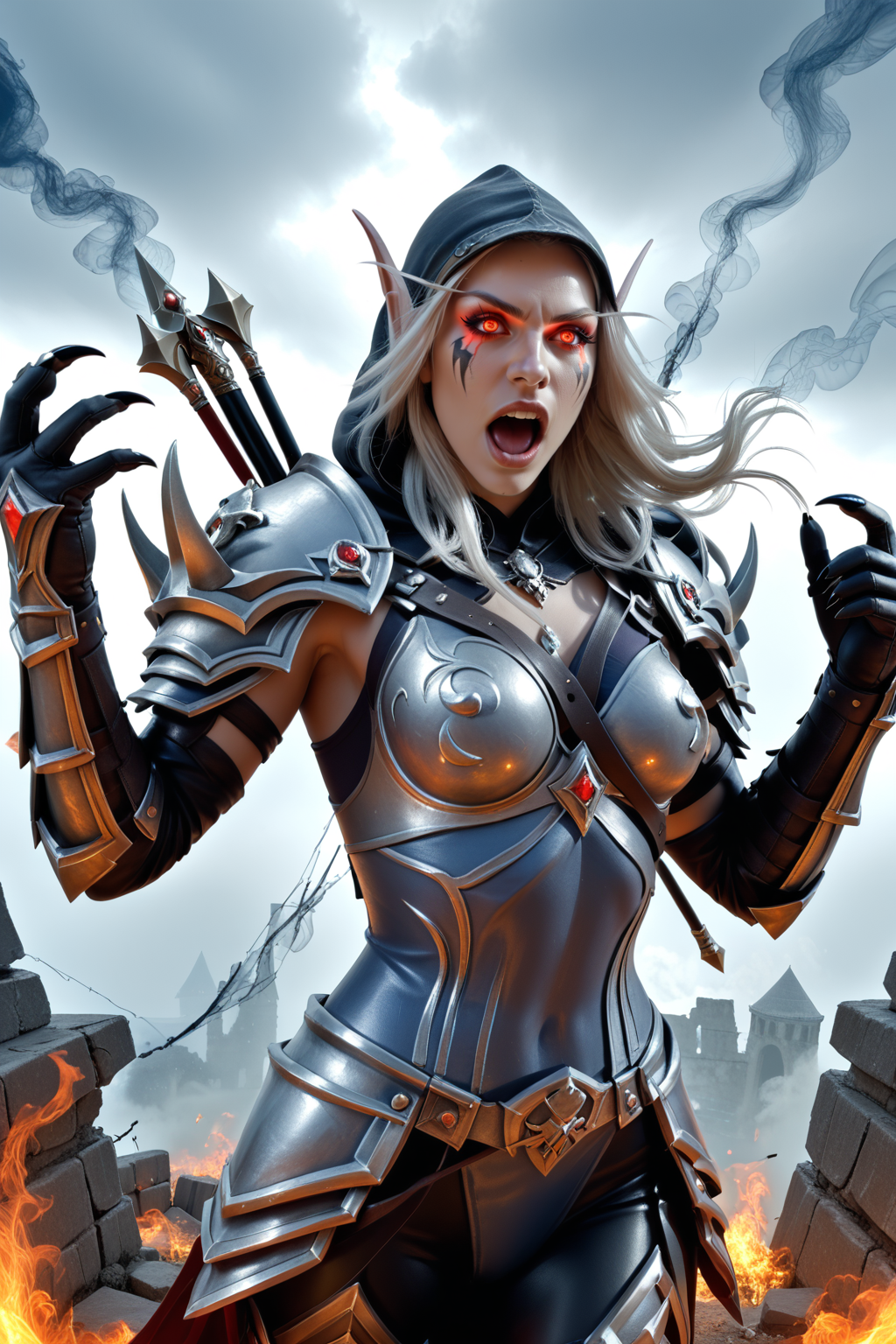 score_9, score_8_up, score_7_up, masterpiece, high quality, BREAK
 <lora:Sylvana WindrunnerBansheePonyLoRA:1>sylwinbansh, banshee, long hair, pointy ears, grey skin, hood, shoulder pads, breastplate, glowing eyes, skulls on shoulder, red eyes, smoke, gloves, glowing, claws, floating, (mist cloud), ruins, magic, casting, portrait, screaming, angry