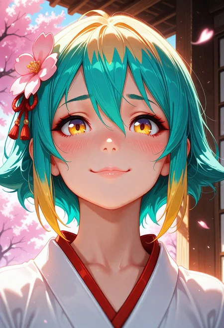 masterpiece, best quality, amazing quality, volumetric lighting, (by_neoartcore:0.1), BREAK, 1girl, 25 years old, cute, petite, mature, adult,
detailed face, portrait, face focus, depth of field, looking at viewer, blush, shy smile,
yellow eyes,
multicolored hair, teal hair, blonde hair, hair ornament, hair flower, hair between eyes, short hair,
miko, japanese clothes,
cherry blossoms,
day,
masterpiece, best quality, amazing quality,