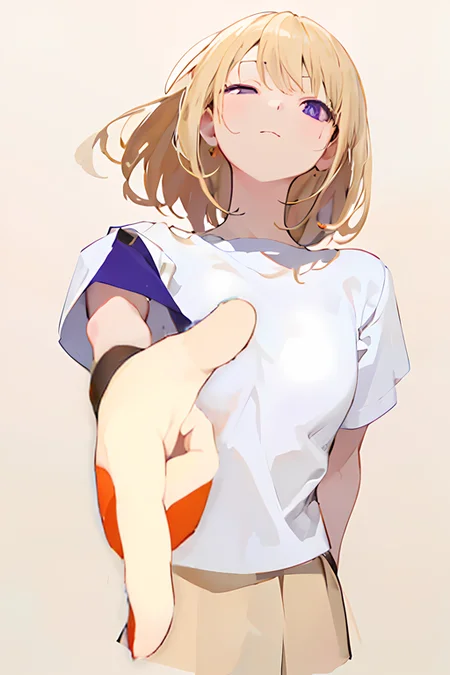 masterpiece,best quality,absurdres,1girl,solo,white background,looking_at_viewer,solo,white background,standing,upper body,
one eye closed,pointing at viewer with finger,<lora:char-mygoä¸è§åè¯ Misumi Uika (Bang dream! Ave Mujica):0.6>,misumi uika,white shirt,brown short skirt,short sleeves,arm_behind_back,small breasts,Diagonally downward,