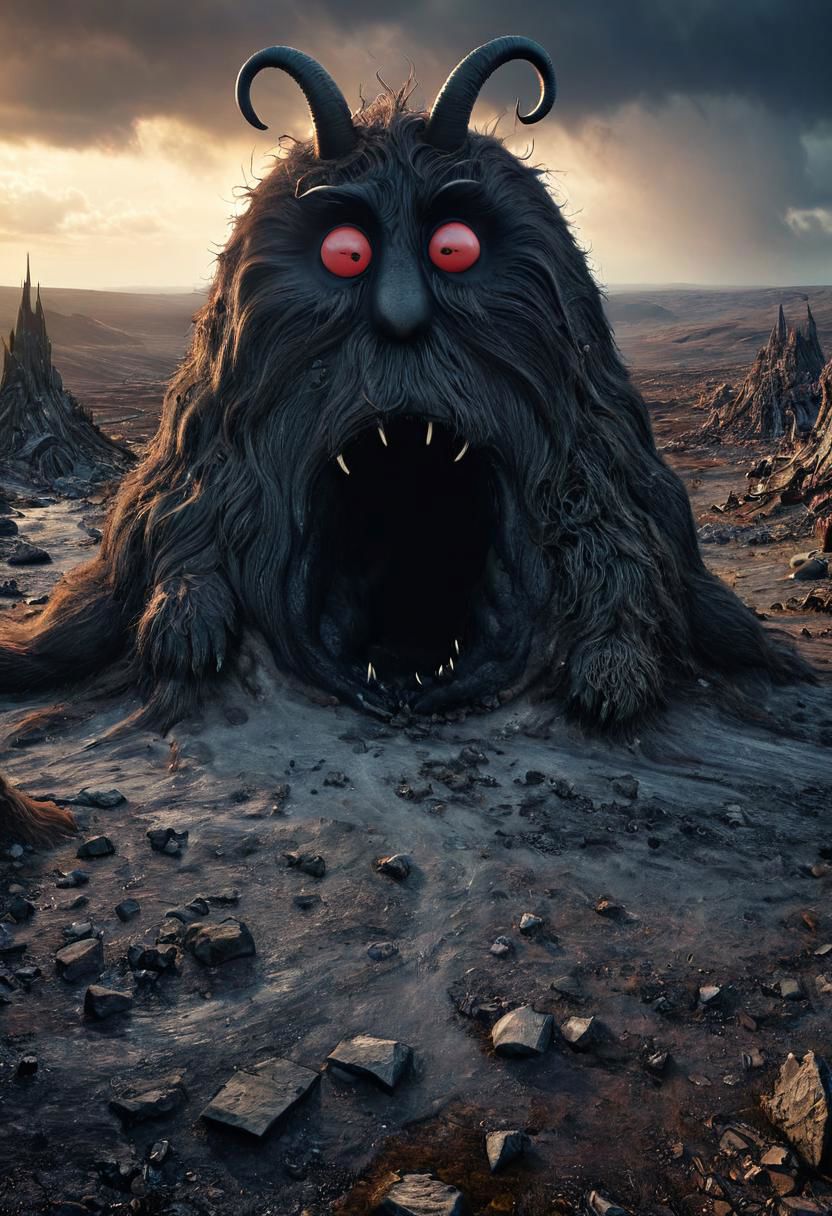 Very Long Messy weathered way to a dystopian creepy cute fluffy black eyed demon barbapapa with Horns infront of huge abyss in spooky dystopian world
very detailed, hd, RAW photograph, masterpiece, top quality, best quality, official art,highest detailed, atmospheric lighting, cinematic composition, complex multiple subjects, 4k HDR, vibrant, highly detailed, Leica Q2 with Summilux 35mm f/1.2 ASPH, Ultra High Resolution, wallpaper, 8K, Rich texture details, hyper detailed, detailed eyes, detailed background, dramatic angle, epic composition, high quality , (8k, RAW photo, highest quality), hyperrealistic,
