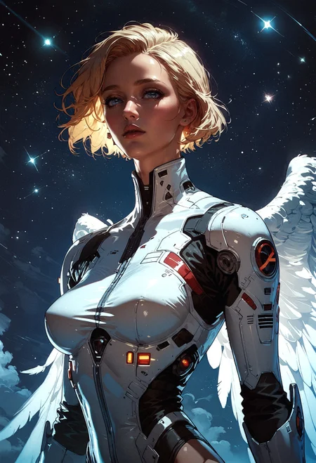 score_9, score_8_up, score_7_up,  woman in a white latex suit, angel wings, against night sky, star sky, galaxy, Star Trek setting, retrofuturism, blonde hair, short hair  <lora:pony/twilight_style:0.8> concept art, <lora:pony/expressiveh:0.8> expressiveh, <lora:pony/kenva:0.7> <lora:sdxl/sinfully_stylish_sdxl>