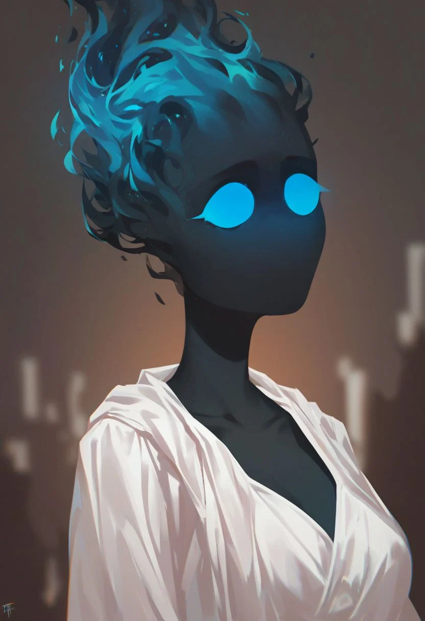 (((beautiful, high quality))), upper Body, score_9, score_8_up, score_7_up, 
FireHuman, black fire, empty eyes, 1girl, black skin, blue eyes, white top,
looking at the viewer, posing, blurred background,