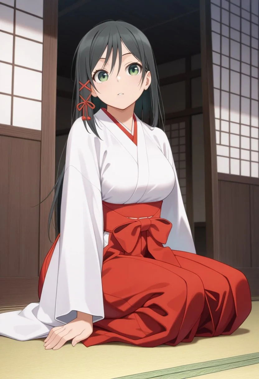 masterpiece,best quality,amazing quality, yae amagami, long hair, black hair, green eyes, 1girl, miko, japanese clothes, solo, hakama, kimono, hakama skirt, hair ribbon, ribbon, red hakama