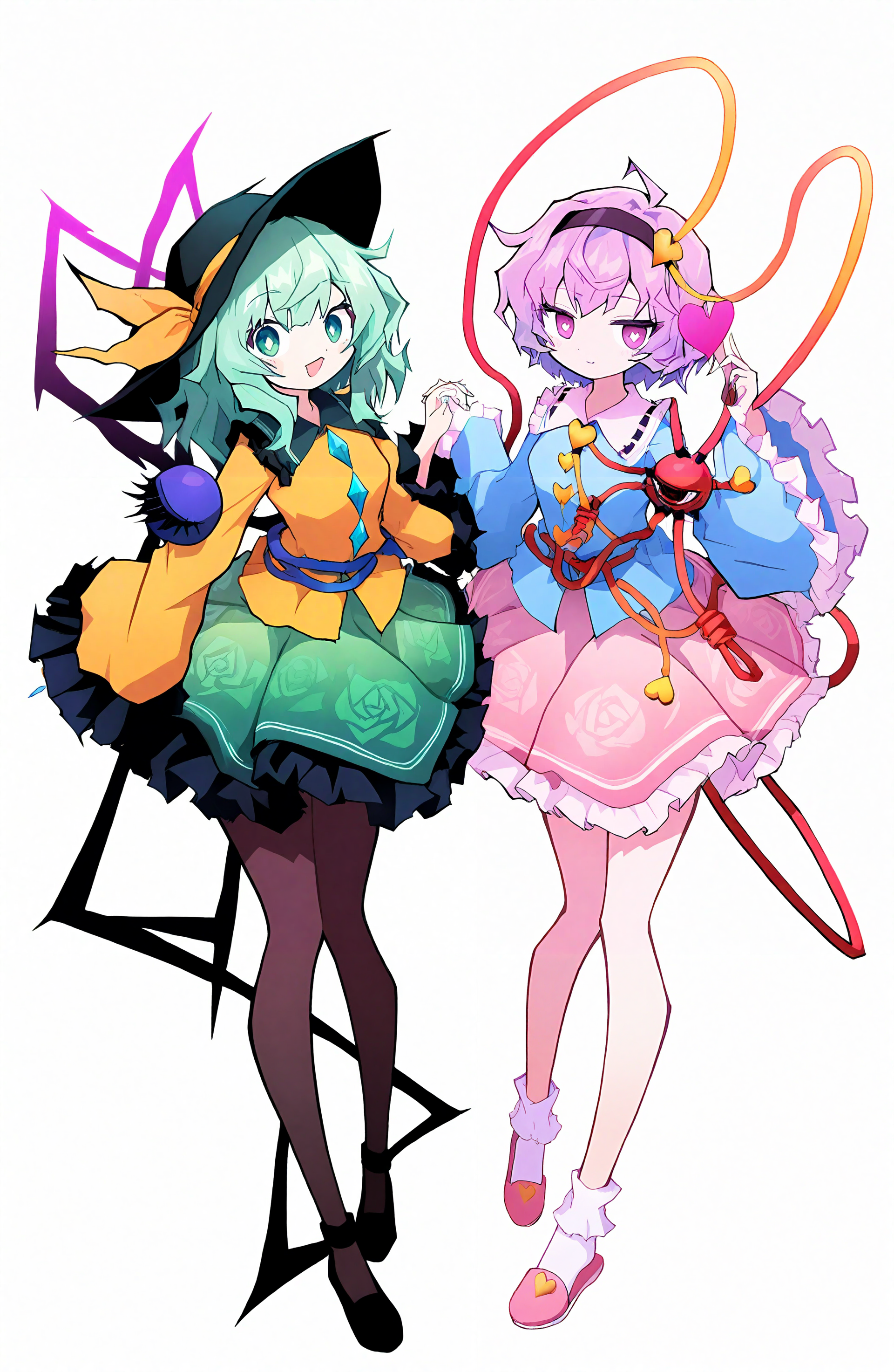 komeiji_koishi, komeiji_satori, looking_at_viewer, smile, open_mouth, short_hair, simple_background, shirt, skirt, multiple_girls, long_sleeves, hair_ornament, white_background, hat, holding, bow, ribbon, closed_mouth, 2girls, green_eyes, full_body, pink_hair, heart, pantyhose, frills, hairband, green_hair, shoes, socks, pink_eyes, wide_sleeves, black_footwear, sleeves_past_wrists, black_headwear, buttons, siblings, white_socks, floral_print, blue_shirt, black_hairband, frilled_skirt, frilled_sleeves, hat_ribbon, sisters, knife, red_footwear, green_skirt, hat_bow, third_eye, pink_skirt, frilled_shirt_collar, yellow_shirt, pink_footwear, heart_hair_ornament, holding_knife, bobby_socks, rose_print, diamond_button, heart_button