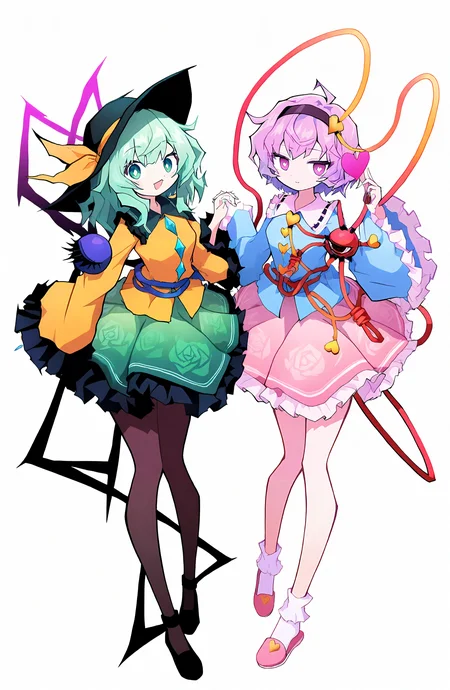 komeiji_koishi, komeiji_satori, looking_at_viewer, smile, open_mouth, short_hair, simple_background, shirt, skirt, multiple_girls, long_sleeves, hair_ornament, white_background, hat, holding, bow, ribbon, closed_mouth, 2girls, green_eyes, full_body, pink_hair, heart, pantyhose, frills, hairband, green_hair, shoes, socks, pink_eyes, wide_sleeves, black_footwear, sleeves_past_wrists, black_headwear, buttons, siblings, white_socks, floral_print, blue_shirt, black_hairband, frilled_skirt, frilled_sleeves, hat_ribbon, sisters, knife, red_footwear, green_skirt, hat_bow, third_eye, pink_skirt, frilled_shirt_collar, yellow_shirt, pink_footwear, heart_hair_ornament, holding_knife, bobby_socks, rose_print, diamond_button, heart_button