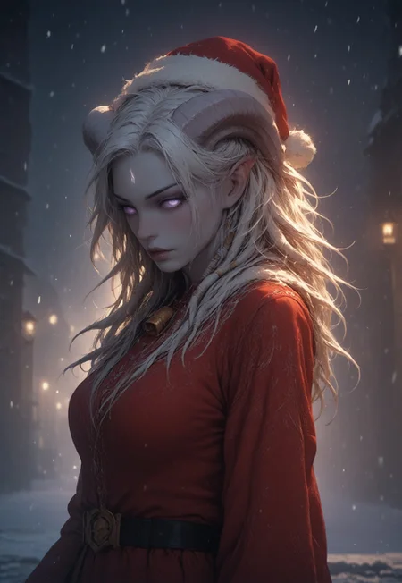 (absurdres, best quality, masterpiece:1.4), score_9, score_8_up, score_7_up, score_6_up, detailed, detailed body, detailed face, world of warcraft, fantasy, <lora:add-detail-xl:1.5>,
fFaceDetail, ((female, draenei, tall, athletic arms, pale white skin, long white hair, purple eyes, no sclera, long white tail), (h0rns, ram horns, white horns),
(long fingers, gold fingernails, gold nail polish)),
alone, upper body, standing, looking toward viewer, soft smile, holding a present towards the viewer,
Red santa dress with a white fur trim, red santa hat with a white fur trim, black belt with a gold buckle,
depth of field, evening, outdoor, harbour, snowing, light snow