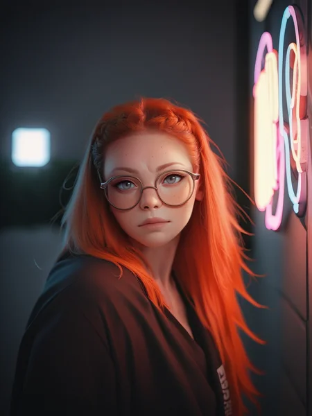 score_9, score_8_up, score_7_up, score_6_up, score_5_up, score_4_up, <lora:43stl1ght1ngXLP2:0.9> 43stl1ght1ng, 1girl, long hair, ginger hair, 43stl1ght1ng, low light, dramatic lighting, darkness, neon, glasses