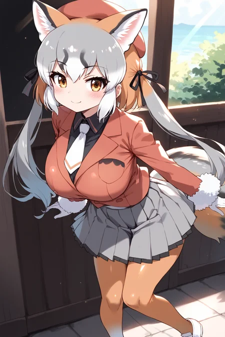 score_9, score_8_up, score_7_up, masterpiece, best quality, source anime, BREAK, Sunrays shine upon it,Back lighting (from above:1.1) 
 (blush:1.0) closed mouth,   furrowed brow,   smirk, ,  eye contact,, leaning forward   BREAK
1girl, shiny skin, shiny hair, toned,  narrow waist, large breasts, teenage,
(IslandFox_KemoV,:1.2) island fox \(kemono friends\), 
fox tail, fox girl, fox ears, twintails, animal ear fluff, long twintails, multicolored hair,grey hair, orange hair, white hair, 
(original costume, red hat, beret,:1.1) 
blazer, pleated skirt, orange pantyhose, jacket, grey skirt, long sleeves, white gloves,