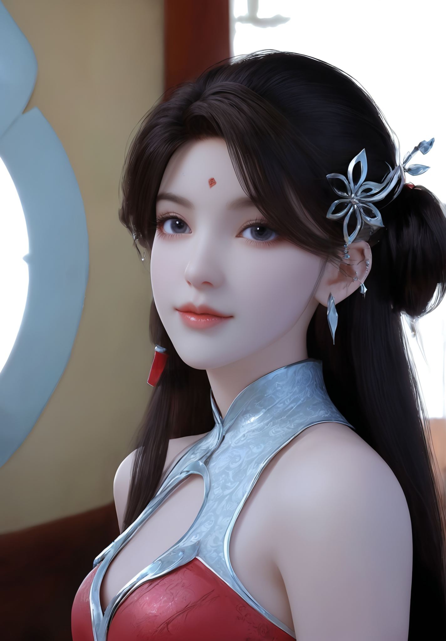 looking_at_viewer,cowboy_shot,(locked_arms:1.2),1girl,solo,dress,(face light:1.5),hair ornament,portiart,from front,masterpiece,(best quality),official art,extremely detailed cg 8k wallpaper,((crystalstexture skin)),(extremely delicate and beautiful),solo,realistic,photo_\(medium\),hiqcgbody,chinese background,(smile:0.4),eye-contact,jewelry,<lora:huolinger_V4-000001:1>,red waistband,long hair,