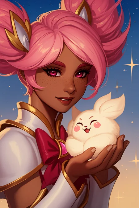 best quality, masterpiece, original, highres, illustration, best lighting and shadow, aesthetic wallpaper, amazing, beautiful, taliyah, check prompts, 1girl, solo, dark skin, dark-skinned female, short hair, thick eyebrows, pink eyes, freckles, extremely detailed and beautiful face, happy, smile, star guardian league of legends, star guardian taliyah, upper body, pink twintails,
<lora:taliyahLeagueOf_v20:0.5>