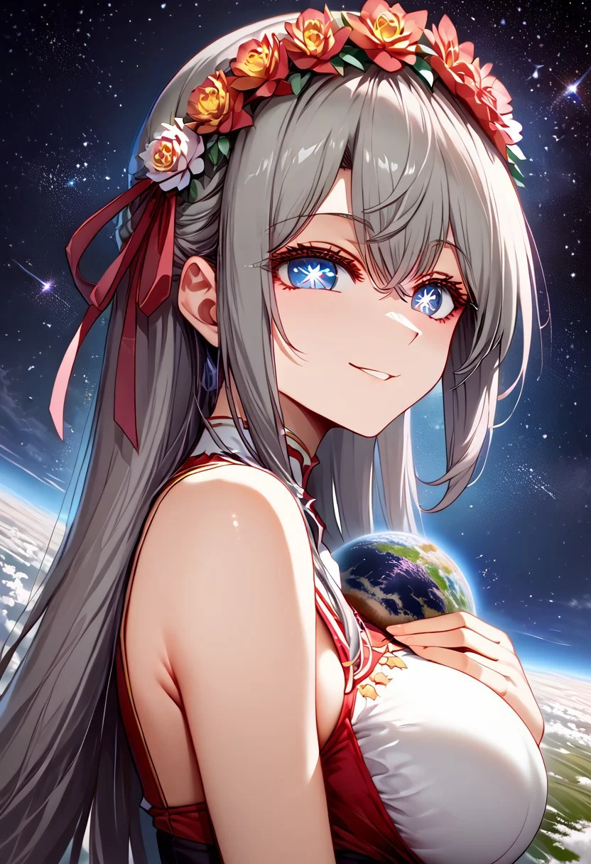 gorgeous lips, cinematic, (masterpiece), (best quality), (ultra-detailed), very aesthetic, perfect composition, intricate details, absurdres, detailed face, (anime, masterpiece, intricate:1.3), (best quality, hires textures, high detail:1.2), score_9, score_8_up, source_anime, 1girl, alyav4, 1girl, long hair, grey hair, blue eyes, ribbon, hair ribbon, hair between eyes, symbol-shaped pupils, eyelashes, flower crown, (galaxy dress skirt, galaxy patterns), black pantyhose, sleeveless, no sleeves, alternate_costume, large breasts, hand on breasts, facial expression, flirting, amused, smile, head tilt, soft eyes, goddess, planet size, giantess, giant goddess, humongous body, sitting down, floating, in space, space, galaxies, small planets, tiny planets, floating objects, gradient eyes, beautiful detailed eyes, holding planet, Side view, (masterpiece:1.4), (best quality:1.4), (ultra-detailed:1.2), gl0w, glow, Extreme Size Difference,