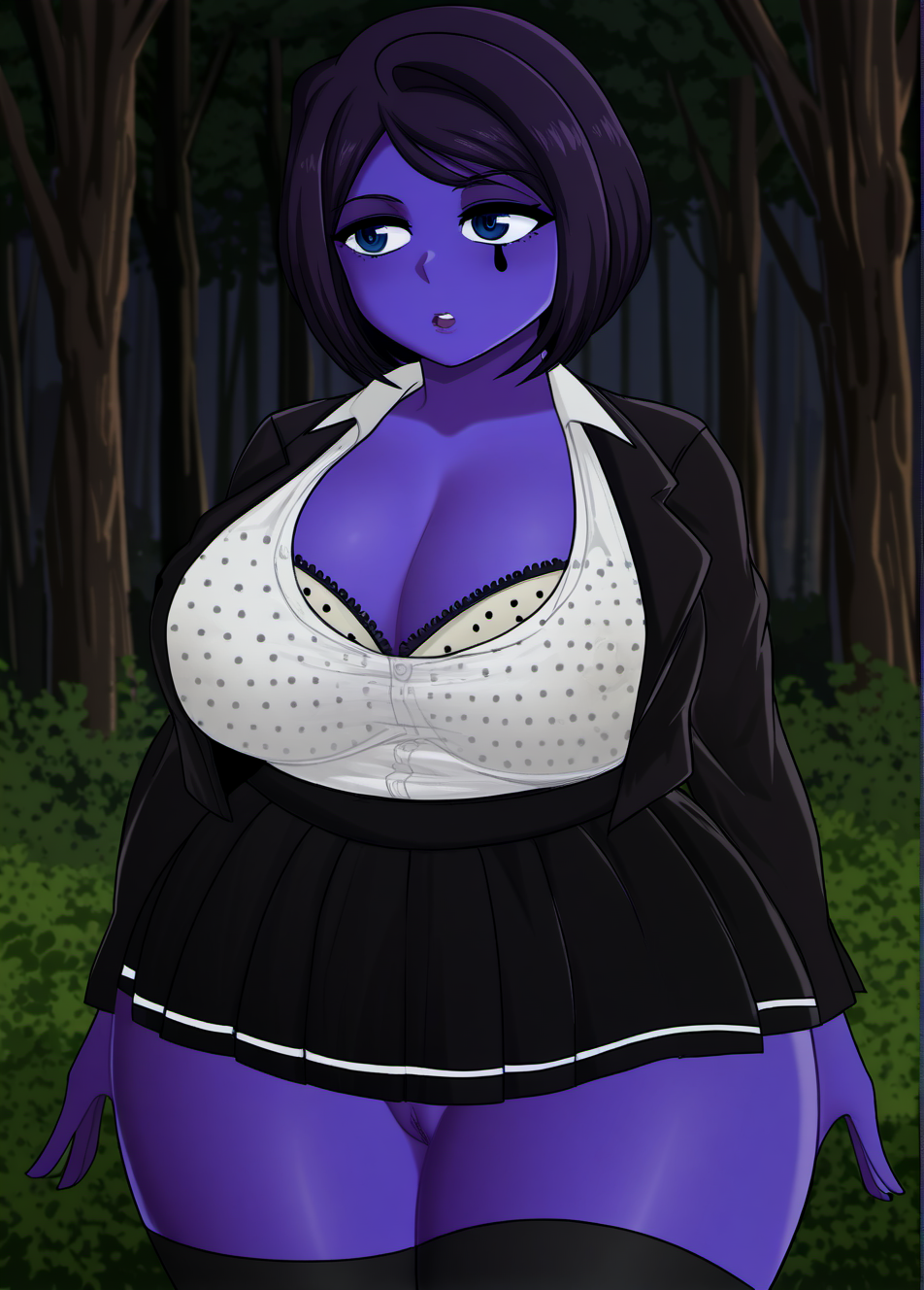 HDR, 8K, masterpiece, (ultra-detailed), best quality, amazing quality, very aesthetic, high resolution, absurdres, intricate details, incredibly absurdres, detailed face, shiny skin, nsfw, detailed eyes, detailed pussy, rating explicit, newest, scenery BREAK purple skin, JuniperR, 1girl, large breasts, thick thighs, blue eyes, cleavage, black thighhighs, short hair, black skirt, purple hair, wide hips, breast focus, curvy, plump, open jacket, open clothes, white shirt, pleated skirt, polka dot bra, makeup, standing, looking to the side, black jacket, miniskirt, forest, underwear, parted lips, covered nipples, facial mark, lazypos, <lora:StS-Illustrious-Detail-Slider-v1.0:1.5>, <lora:JuniperR0:0.9>,
