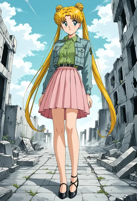 Retro art style, solo, Tsukino Usagi, 1 girl, pretty face, blue eyes, detailed pupila, blonde hair, long hair, very long hair, double bun, double pigtails, very long pigtails, medium breasts, (pleated skirt, long skirt, knee-length skirt, pink skirt, light green shirt, button down shirt, denim jacket, lights blue jacket, Black shoes), full body, looking away, ruins background, ruined building, day, sky