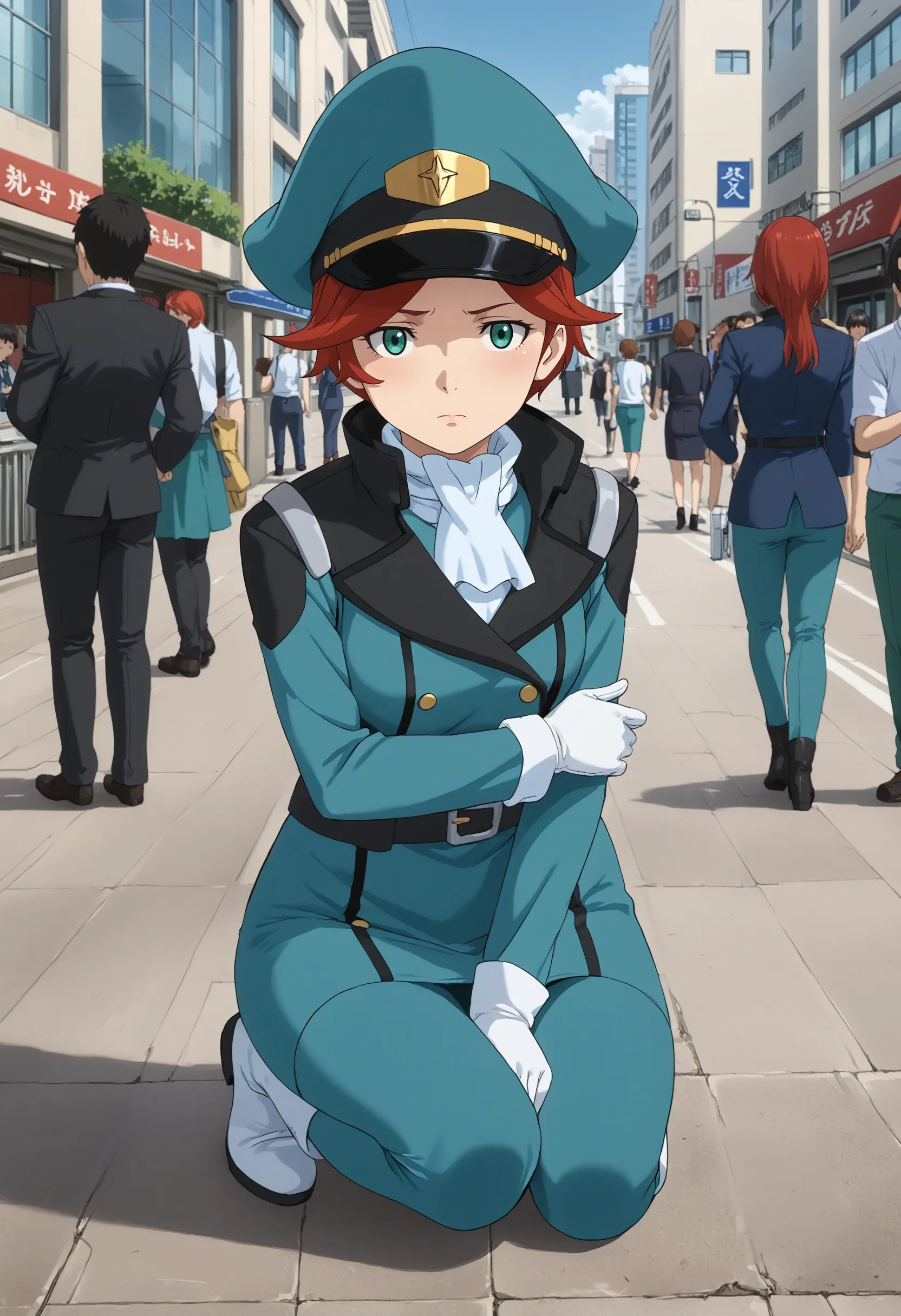 <lora:Hyper-SDXL-8steps-lora:1> <lora:Fixhands_anime_bdsqlsz_V1:1> zPDXL2, score_9, score_8_up, score_7_up, source_anime, intricate details, perfect anatomy BREAK
outdoors, city, tokyo, japan, audience, crowd, on one knee, hand on ground, elbow on knee, looking at viewer, Bored, A slack jaw, drooping eyelids, and a slightly uninterested gaze., 1girl, solo, solo focus, 
<lora:GAGE-natora_einus_XL(pony)v10:1> GAGE-natora, red hair, short hair, green eyes, green dress, white ascot, white gloves, belt, green pencil skirt, green pants, white boots, green peaked cap, long sleeves, long pants,