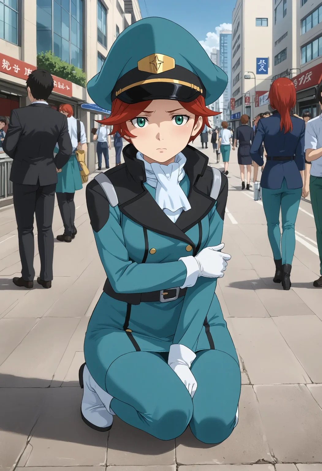 <lora:Hyper-SDXL-8steps-lora:1> <lora:Fixhands_anime_bdsqlsz_V1:1> zPDXL2, score_9, score_8_up, score_7_up, source_anime, intricate details, perfect anatomy BREAK
outdoors, city, tokyo, japan, audience, crowd, on one knee, hand on ground, elbow on knee, looking at viewer, Bored, A slack jaw, drooping eyelids, and a slightly uninterested gaze., 1girl, solo, solo focus,
<lora:GAGE-natora_einus_XL(pony)v10:1> GAGE-natora, red hair, short hair, green eyes, green dress, white ascot, white gloves, belt, green pencil skirt, green pants, white boots, green peaked cap, long sleeves, long pants,