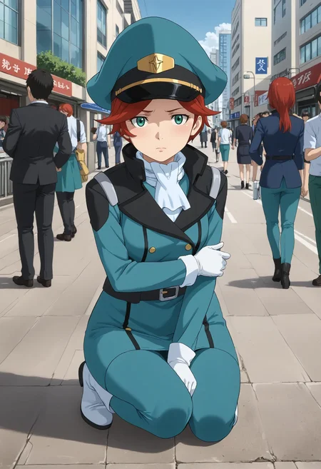<lora:Hyper-SDXL-8steps-lora:1> <lora:Fixhands_anime_bdsqlsz_V1:1> zPDXL2, score_9, score_8_up, score_7_up, source_anime, intricate details, perfect anatomy BREAK
outdoors, city, tokyo, japan, audience, crowd, on one knee, hand on ground, elbow on knee, looking at viewer, Bored, A slack jaw, drooping eyelids, and a slightly uninterested gaze., 1girl, solo, solo focus, 
<lora:GAGE-natora_einus_XL(pony)v10:1> GAGE-natora, red hair, short hair, green eyes, green dress, white ascot, white gloves, belt, green pencil skirt, green pants, white boots, green peaked cap, long sleeves, long pants,