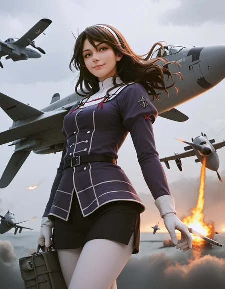 score_9, score_8_up, score_7_up,
ashigara (kancolle), off1cialc0stume, light smile,
standing against an aircraft,
aircraft warship background,
(war scene), fire, explosions,
wind, clouds, 
 <lora:ashigara:0.9>