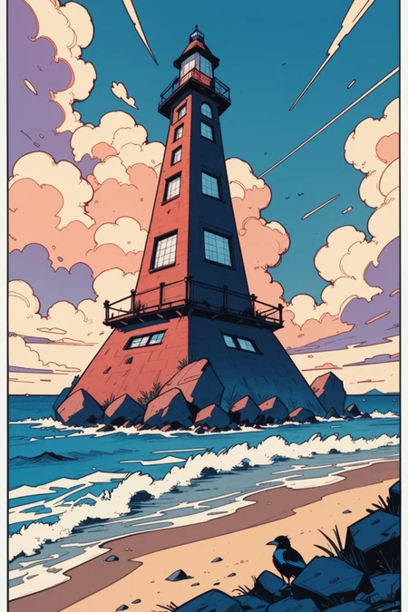 no humans, lighthouse, scenery, outdoors, bird, sky, cloud, water, ocean, lamppost, shore, waves, tower, beach, rock, cloudy sky, night, building, a_Comic_Illustration, rough lines with ink, (drawn:1.1), (sketch:1.5), (crosshatching:1.25), (comic style:1.1), graphic novel style, sharp lines, hires, zstyle, (western comics \(style\):1.1), (hatching \(texture\):1.2), zPDXL, Mr_Monster_Possitive, <lora:Expressive_H:0.5>, score_9, score_8_up, score_8_up,
