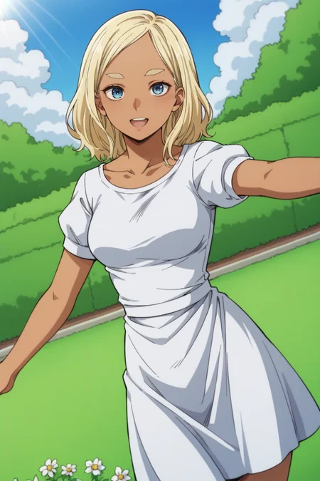 score_9, score_8_up, score_7_up, 1girl, prefect lighting, very aesthetic, intricate details, highly detailed background, masterpiece, high quality, prefect hands, best quality, solo, source_anime,
<lora:Meryl_MHA_V1:.85>, KJOmeryl, blonde hair, blue eyes, dark-skinned female, medium hair, thick eyebrows,
sundress, puffy short sleeves,
outstretched arms, head tilt, smile, open mouth, dutch angle,
outdoors, garden, sunlight, day, bush, blue sky, grass, flower,
(Beautiful, medium Breasts:1.2), natural breasts,