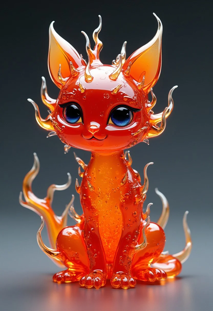 A 3D render of a glass artwork of a stunning little chibi fire kitten. The artwork is made of molten glass of different colors, stretched with thin threads. The artwork is a work of art that enchants with its proportions and improbability of the composition. All the elements are worked out and very detailed. The combination of style and colors makes it a unique piece. detailmaximizer