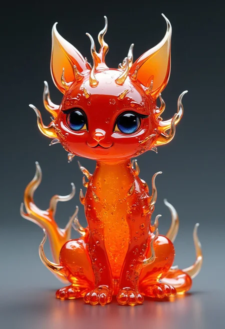 A 3D render of a glass artwork of a stunning little chibi fire kitten. The artwork is made of molten glass of different colors, stretched with thin threads. The artwork is a work of art that enchants with its proportions and improbability of the composition. All the elements are worked out and very detailed. The combination of style and colors makes it a unique piece. detailmaximizer
