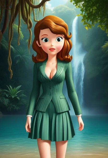 sofia_the_first, blue eyes, brown hair,skirt suit, striped suit, fitted skirt, sea green suit, medium breasts, cleavage, 18 years old, Jungle w4t3rf4ll,painting in the style of romanticism