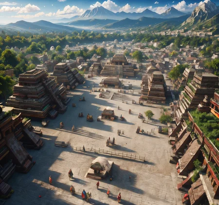 RAW photo, (masterpiece:1.3), subsurface scattering, heavy shadow, (high quality:1.4), (intricate, high detail:1.2), professional photography, HDR, High Dynamic Range, realistic, ultra realistic, photorealistic, high resolution, film photography, ambient lighting, atmospheric effects, <lora:detail_slider_v4:2>, OverallDetail, <lora:Aztec_Architecture:1>, aztar, a market square, buildings, trees