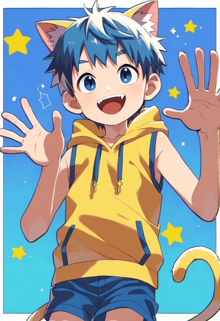 score_9, score_8_up, score_7_up, score_6_up, source_anime, blue background, star \(symbol\), white border, dutch angle, 1boy, solo, blue hair, blue eyes, cat ears, cat tail, yellow sleeveless hoodie, shorts, looking at viewer, waving, open mouth, smile <lora:a6_AMXL_v1g-ShoAI:1>