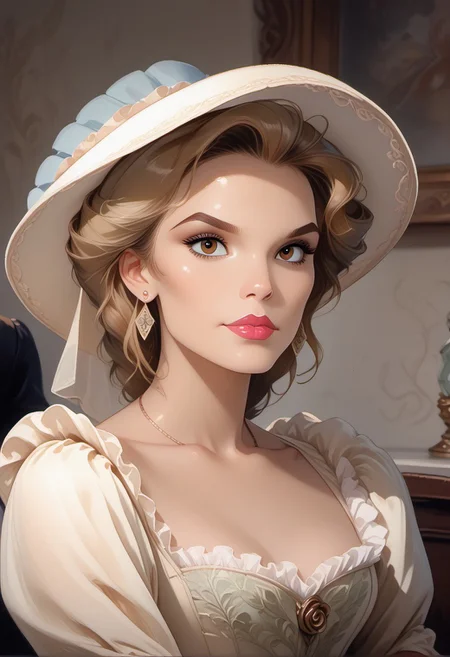score_9, score_8_up, score_7_up, Disney2DStyle, watercolor \(medium\), traditional media, (Elizabeth Swann), (inquisitive:1.2), (doubtful),sexy 18 year old, british girl, perfect face, beautiful face, defined cheekbones, defined jawline, light brown hair, thick hair, thick dark eyebrows, dark brown eyes, dark lashes, thin lips, nude colored lips,  sexy,  (svelte), arms crossed, head tilt, upper body, solo,(Port Royal), Victorian dress with white frills, bonnet hat, earrings, necklace, alternate pose, dynamic from, dynamic view,sexy pose,dynamic pose, focus girl, from above,