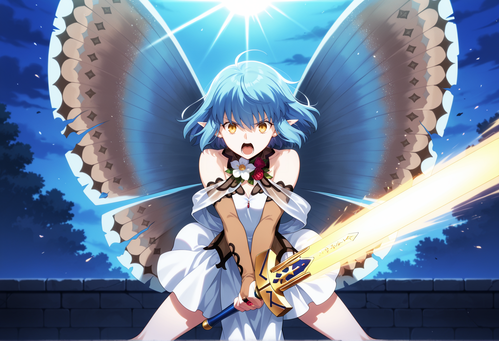 1girl, solo, sunrise stance, anime screencap, anime screenshot, short hair, blue hair, pointy ears, yellow eyes, short dress, bare shoulders, flower ornament, bridal gauntlets, moth wings, damaged wings, holding weapon, excalibur \(fate/stay night\), open mouth  <lora:Hope_FGO:0.9> dynamic pose, swinging,, masterpiece, best quality, amazing quality, very aesthetic, absurdres, highres, newest
